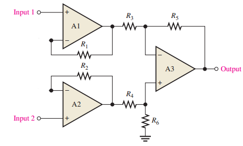Basic instrumentation amplifier with three op-amps