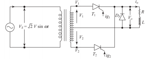Single-phase full-wave controlled rectifier with RL load and FWD