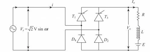 Single-phase half-controlled bridge rectifier with RLE load