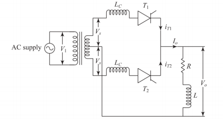 Single-phase full-wave controlled rectifier using centre-tapped transformer with RL load and leakage inductance