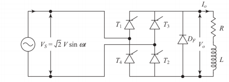 Single-phase full-wave controlled bridge rectifier with RL load and free wheeling diode \(D_f\)