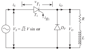 Single-phase half-controlled converter with RL load and freewheeling diode