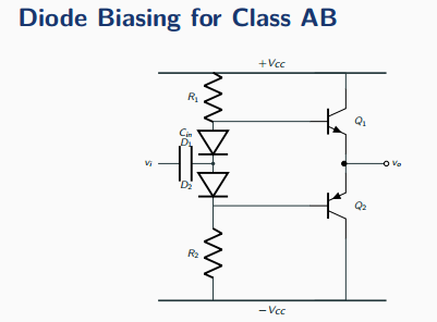 Class AB push-pull output stage: a bias chain of resistors and two diodes D1 and D2 holds an NPN and a PNP transistor slightly conducting, with the joined emitters delivering the output vo.