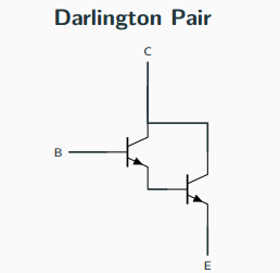 Darlington pair: the emitter of input transistor Q1 drives the base of output transistor Q2, with their collectors tied together so the combination behaves as one very-high-gain transistor.