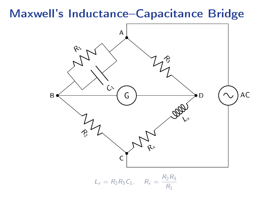 Maxwell inductance-capacitance bridge circuit in diamond configuration with arm AB comprising R1 in parallel with C1, arm BC with R2, arm AD with R3, arm DC with the unknown inductor Lx in series with Rx, a galvanometer G across the AC diagonal, and an AC source on the outer loop.