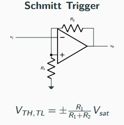 Op-amp Schmitt trigger schematic: positive feedback through resistors R1 and R2 from the output to the non-inverting input sets two switching thresholds.
