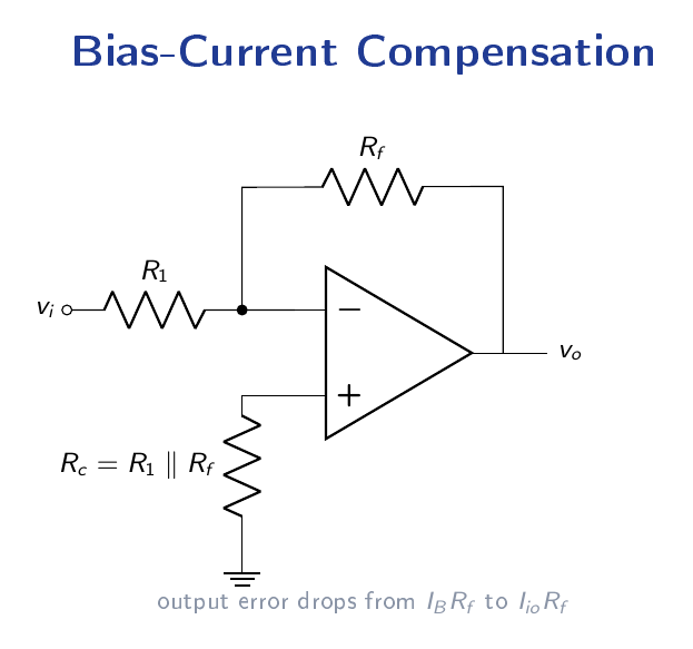 Op-amp inverting amplifier with compensation resistor Rc at the non-inverting input to cancel bias-current errors