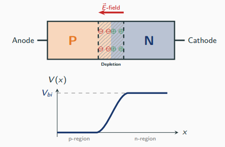 PN junction showing a depletion region of fixed charge at the metallurgical junction, the internal electric field pointing from the n-side to the p-side, and the potential rising across the junction to the built-in value Vbi.
