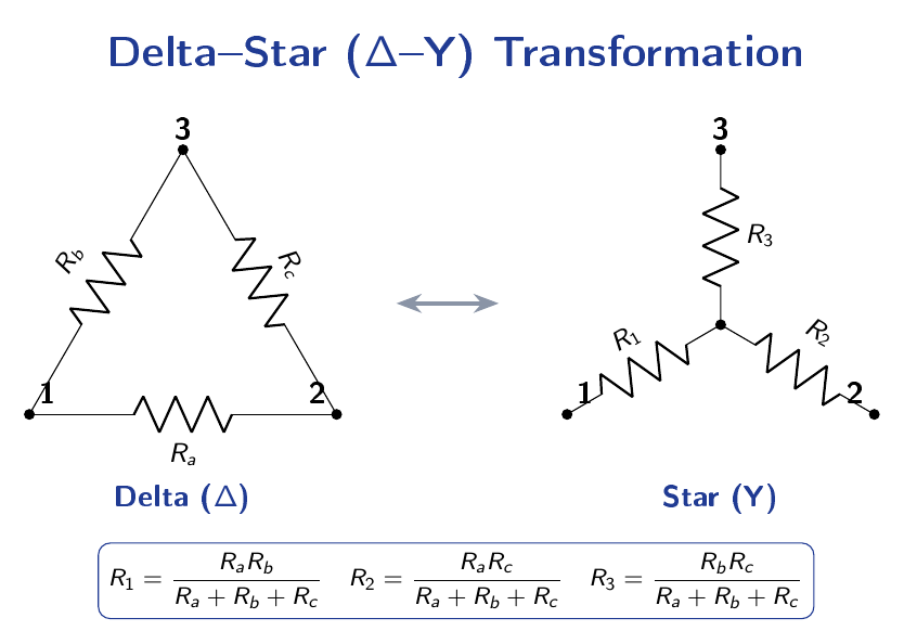 A three-terminal delta network of resistors Ra, Rb, Rc shown alongside its equivalent wye network of resistors R1, R2, R3.