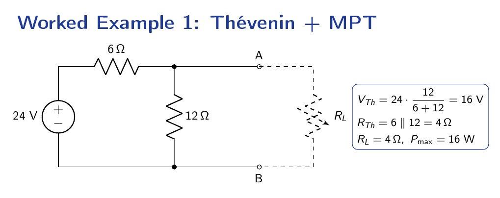 A 24 volt source in series with a 6 ohm resistor feeding a 12 ohm resistor across output terminals A and B, with load resistor R-L connected at A-B.