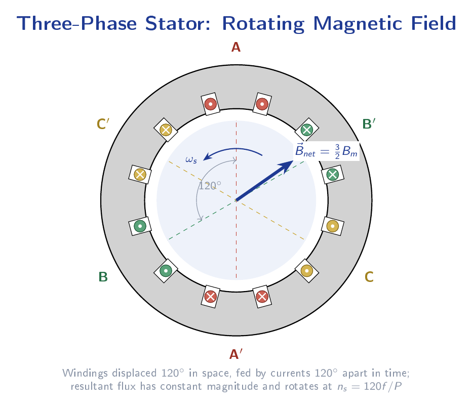 Stator cross-section showing three sets of windings (Phase A in red, Phase B in green, Phase C in gold) placed 120 degrees apart in space, with the resultant rotating flux vector shown at a given instant.