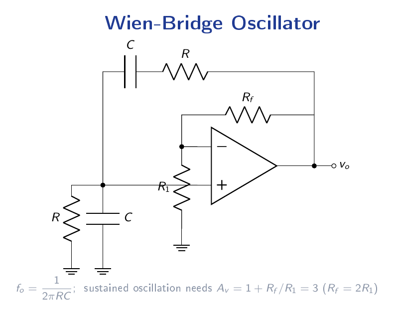 Wien-bridge oscillator with series and parallel RC networks providing frequency-selective positive feedback to the non-inverting input, and an inverting-side gain network ensuring Av equals 3