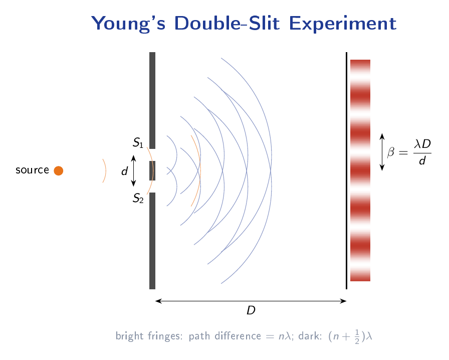Young's double-slit experiment diagram showing two slits S1 and S2, the screen at distance D, and the interference fringe pattern with alternating bright and dark bands