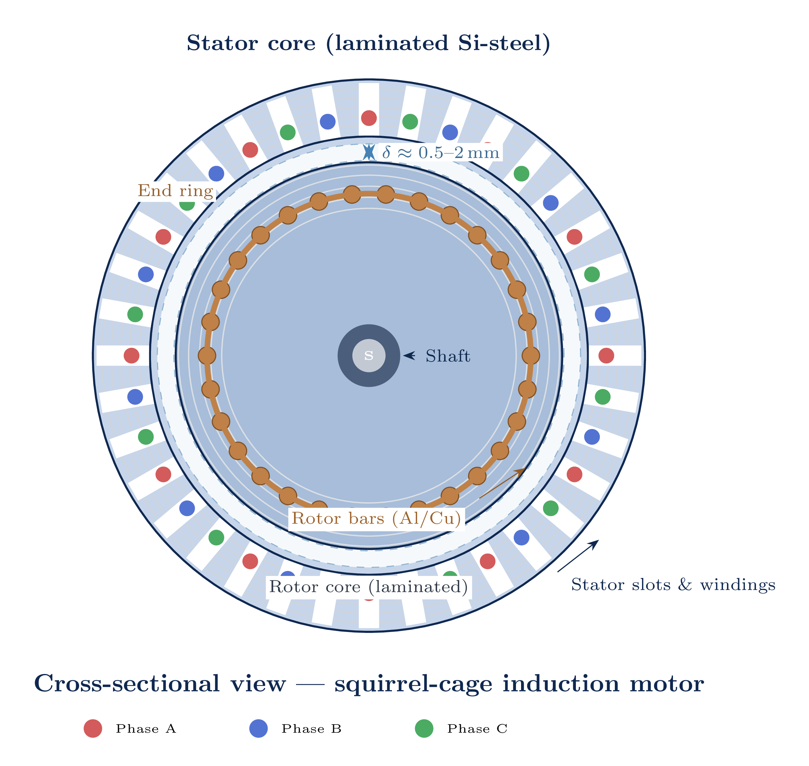 Cross-section of a polyphase induction motor showing stator, rotor, and air gap