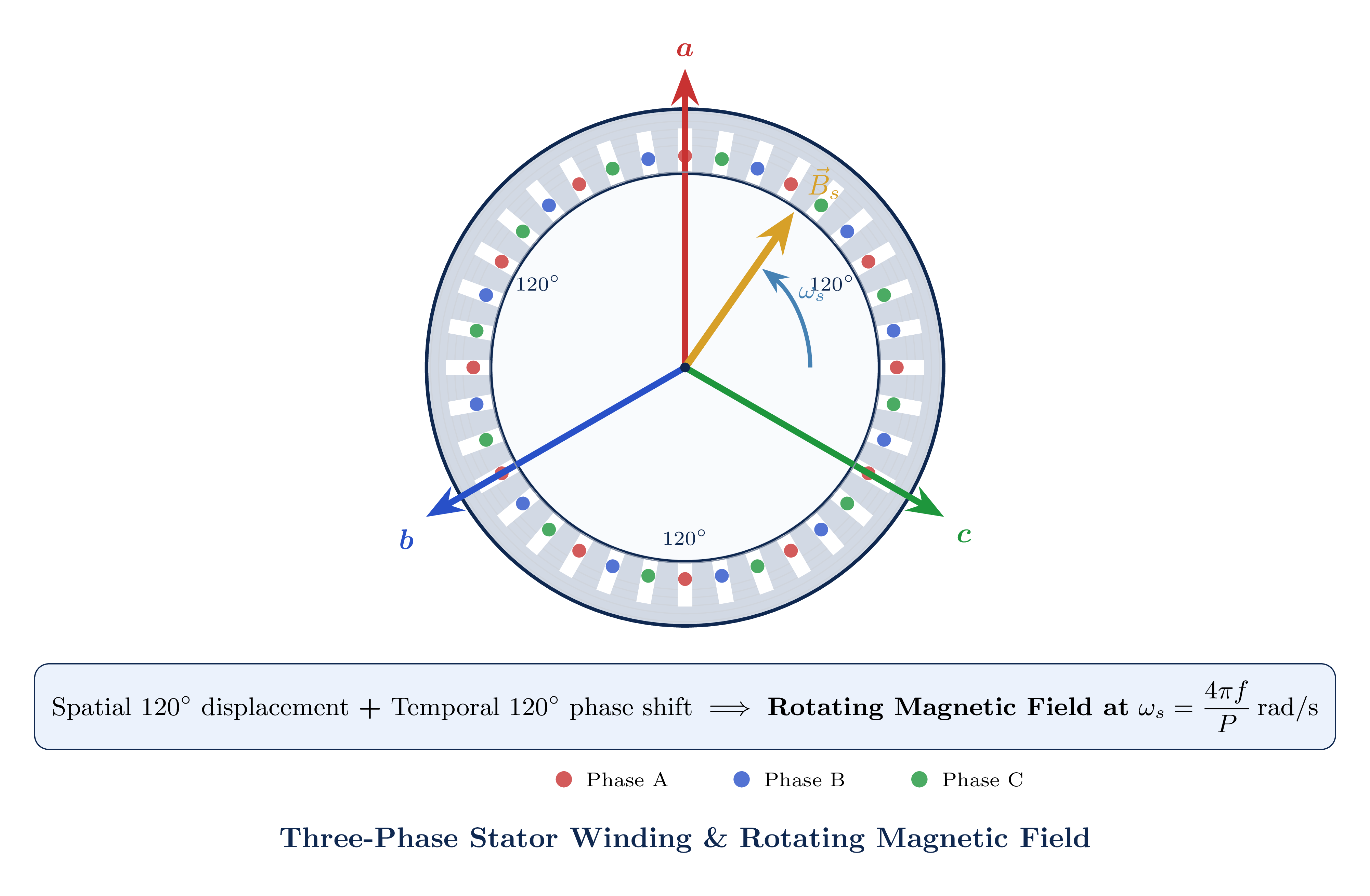 Rotating magnetic field produced by three-phase stator windings
